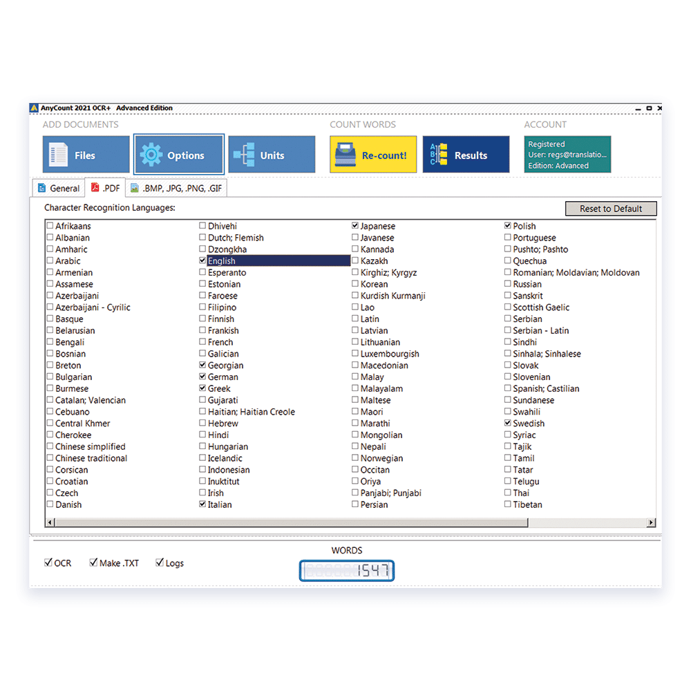 OCR languages supported